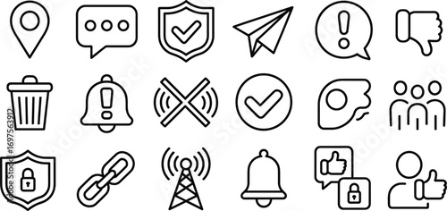 Communication and technology icons in a simple line art style symbol message