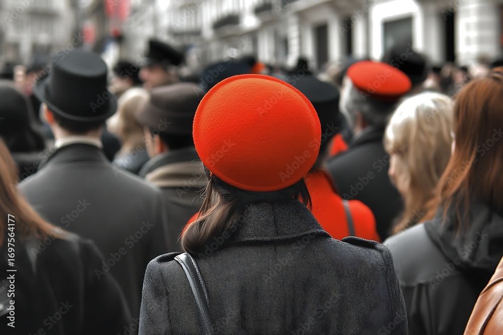 Fototapeta premium Black-and-white group of men with a woman in bright red cap as central focus from above.