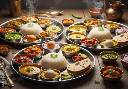 Savor the richness of authentic Indian cuisine with a vibrant, steaming thali spread, showcasing diverse flavorful dishes, fluffy rice, and warm flatbreads for an unforgettable culinary experience.
