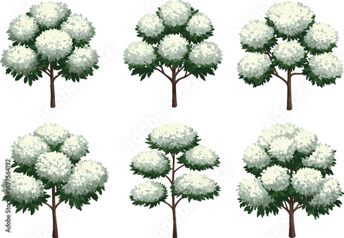 Stylized white foliage trees with green leaves and brown trunks, digital spring botanical vector set for nature, game, and design use