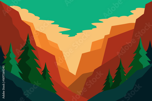 Stylized mountain landscape with pine trees and canyon under a teal sky