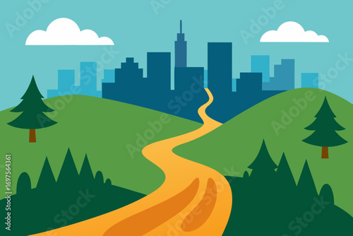 Winding orange path leads through green hills to a distant city skyline