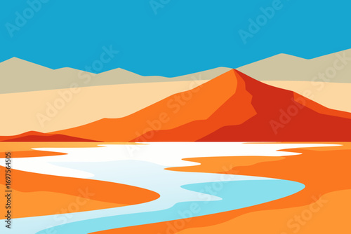 Abstract desert landscape with winding river and distant mountains under blue sky