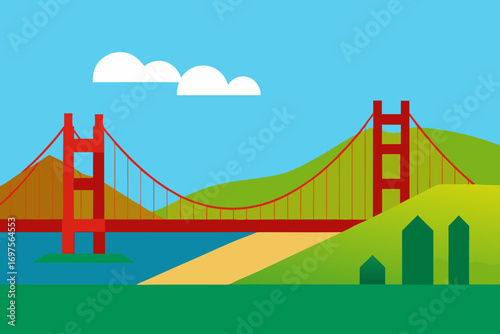 Stylized illustration of the golden gate bridge with rolling green hills and blue sky