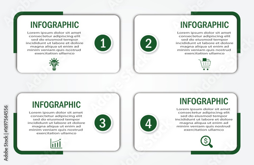 Business progress or process visualization timeline with 4 steps white diagrams with icon | Infographic modern marketing chart | Elegant green border abstract innovation for presentation, report