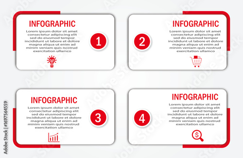 Business progress or process visualization timeline with 4 steps white diagrams with icon | Infographic modern marketing chart | Elegant red border abstract innovation for presentation, report