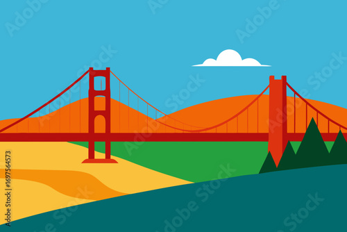 Stylized illustration of the golden gate bridge with rolling hills and a clear sky