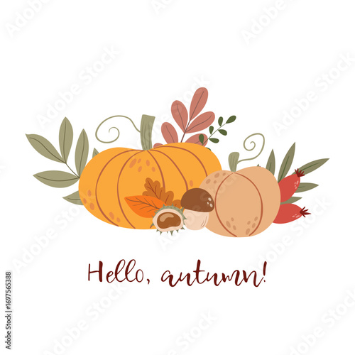 Autumn background with pumpkins and fruits, with the inscription Hello Autumn. Autumn harvest illustration