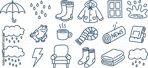 Rainy Day and Cozy Home Line Art Icons Set Keywords: rain, umbrella, boots, raincoat, window, splash, cloud, frog, coffee, mug