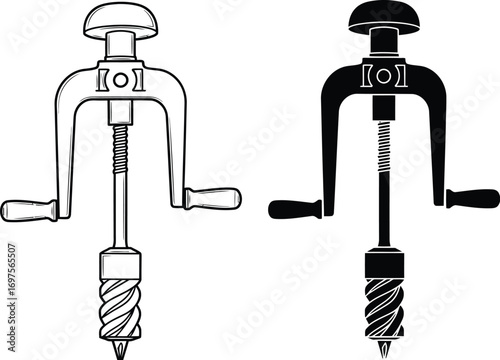 Vintage hand drill tool in outline and silhouette for crafting and DIY projects