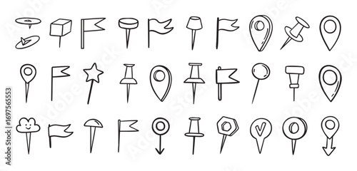Pins hand drawn doodle set. Pin line drawing style for planner or map. Pins variable icons