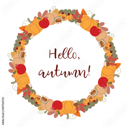 Wreath of autumn fruits, leaves, mushrooms, acorns, and flowers. With the inscription Hello Autumn. Autumn background.