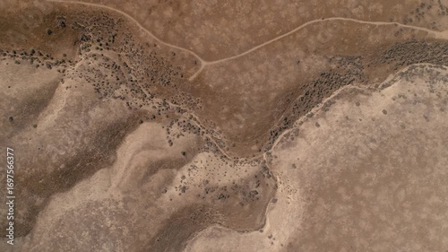 Aerial view of arid landscape in Carrizo Plain National Monument, California, USA. A dry riverbed, sparse vegetation, and dirt roads, highlighting the desert environment.