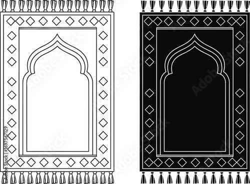 Elegant prayer rug design in black and white, symbolizing devotion and tradition.