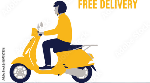 Man in helmet rides yellow scooter on white background with free delivery text