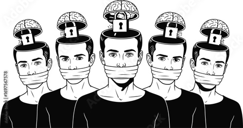 Silenced minds with locked brains, representing censorship and suppressed thoughts.