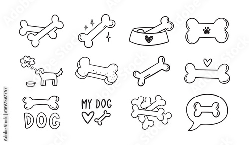 Hand drawn doodle bone for dogs set. Outline isolated drawing bones on white background. Line bone icons. 