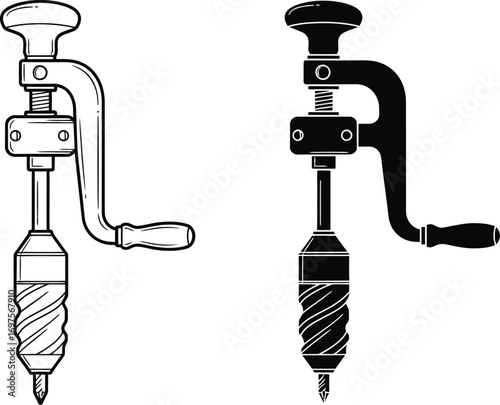 Classic hand drill and its silhouette for a vintage workshop feel