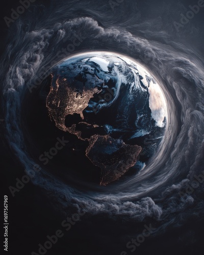 A Stunning View of Earth Surrounded by Dramatic Clouds and Twilight Showing Both Americas at Night