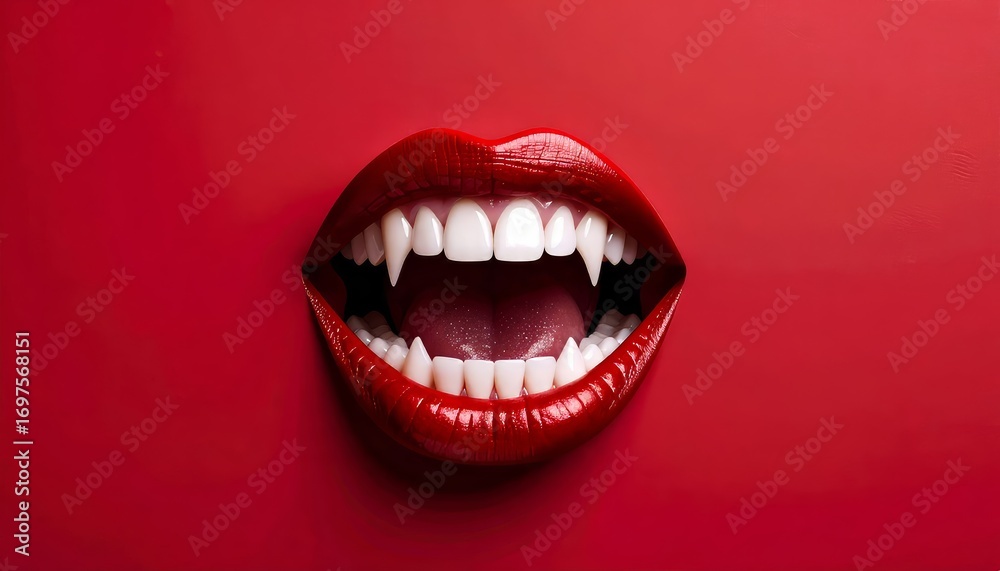 Fototapeta premium Crimson Fangs: A bold and dramatic portrayal of a vampire's bite with sharp teeth