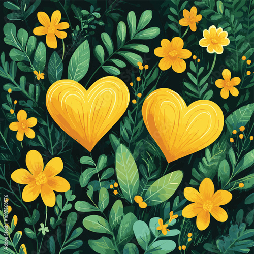 Bright yellow heart-shaped cartoon flowers in lush green foliage