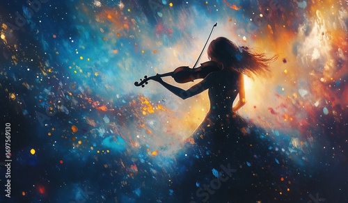 Beautiful woman in form of abstract galaxy playing violin with fantasy background vibrant colors starry sky backdrop featuring fantasy atmosphere elegant posture musical instrument silhouette