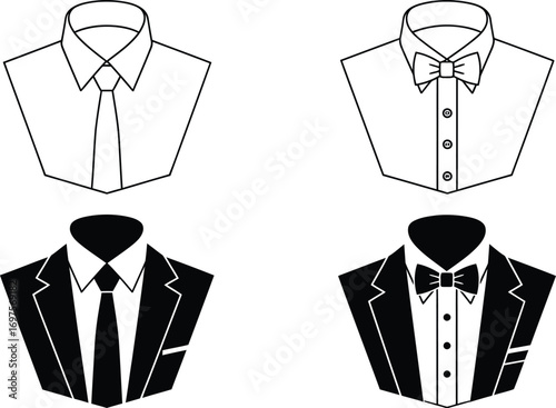 Formal menswear styles, classic shirt and tie versus tuxedo with bow tie