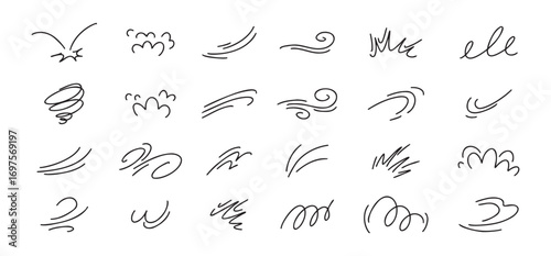 Doodle line wind moving set. Breath of the typhoon. Flat wind moves Vector isolated illustration