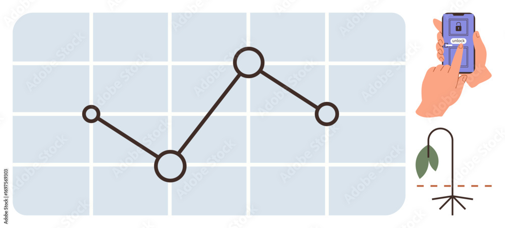 custom made wallpaper toronto digitalLine chart with downward trend, smartphone emitting carbon, drooping plant. Ideal for data analysis, sustainability, technology, environment, carbon footprint, climate action simple flat metaphor