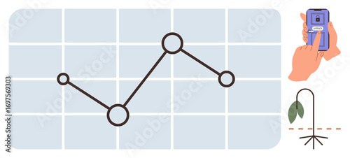 Wallpaper Mural Line chart with downward trend, smartphone emitting carbon, drooping plant. Ideal for data analysis, sustainability, technology, environment, carbon footprint, climate action simple flat metaphor Torontodigital.ca