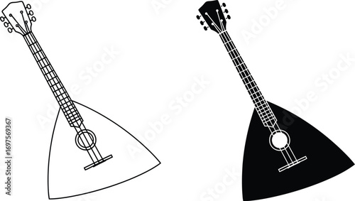 Traditional triangular stringed instrument, a balalaika, depicted in outline and solid black.