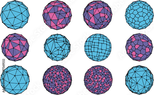 Diverse geometric sphere patterns in vibrant blue and purple hues