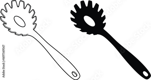 Classic spaghetti server utensil, presented in both outline and solid black silhouette for versatile culinary use.