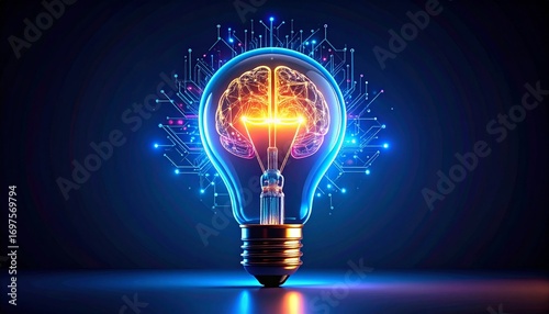 Bright idea: Conceptual AI brain inside luminous lightbulb with circuit design