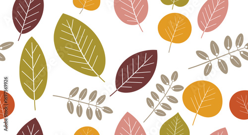 A cheerful pattern of autumn leaves in warm, earthy tones evokes the cozy feeling of the season.