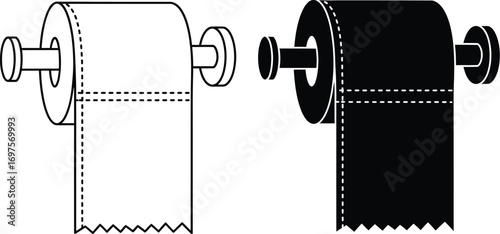 Contrast of white and black toilet paper rolls on holders, representing hygiene and simplicity.