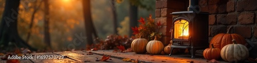 Cozy autumn scene with a warm, glowing heater in the background, perfect for home, comfort, and hygge themes  Ideal for blogs, websites, and social media posts  ,  sofa,  living room,  shadows