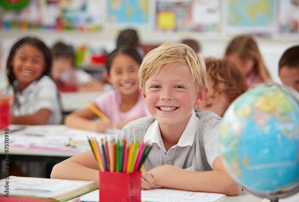 Fototapeta premium Happy classroom with diverse students smiling, studying. A blond boy sits in the foreground with globe and pencils on desk. Brightly lit setting