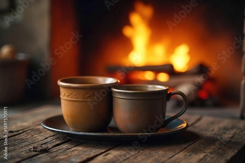 Cozy scene of two mugs warming on a rustic wooden surface near a crackling fireplace, perfect for representing warmth, comfort and togetherness , fireside, winter, wood
