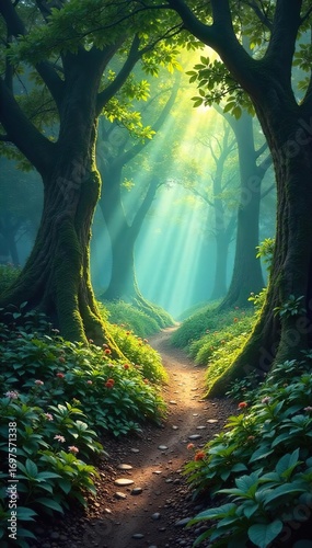Enchanted forest path winds through ancient trees, dappled sunlight filtering through leaves, revealing luminous flora and sparkling streams Mysterious and magical atmosphere , elf, nature, woods