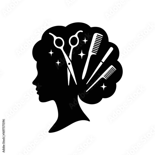 Hair salon vector silhouette of female head with scissors and combs inside, isolated black design symbol for beauty, style, hairdresser and fashion concepts