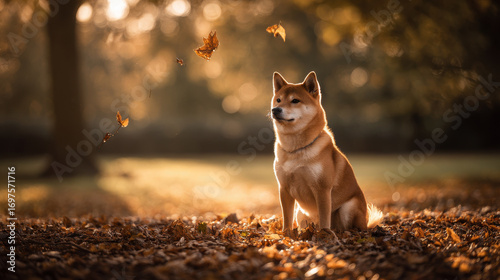 A golden Shiba Inu enjoys a cozy autumn day with falling leaves and a warm glow.