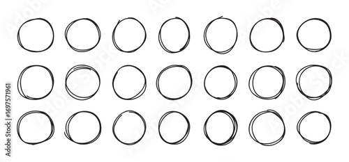 Highlight round doodle circle frames set. Marker pencil lines. Round note brush mark. 