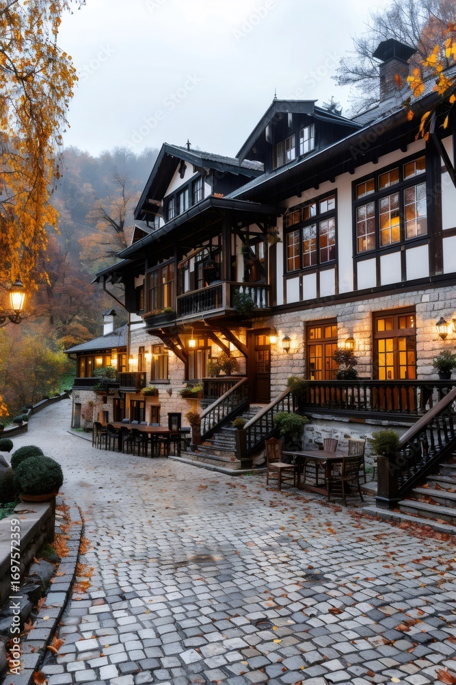 Obraz premium Charming hotel illuminating cobblestone street during autumn in the mountains