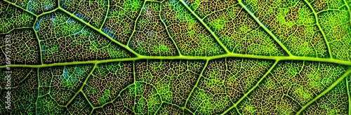 Macro close-up of a colorful leaf. Veins run through the green & brown surface, creating a detailed, organic texture. Light gradient from dark to bright