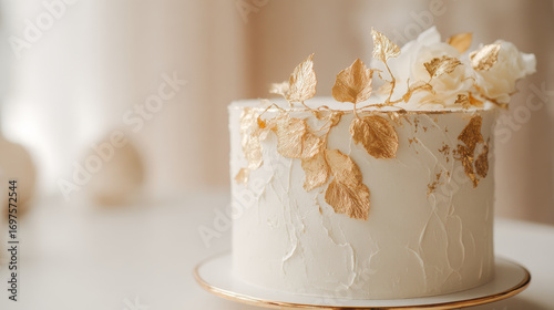 Exquisite wedding cake with gold leaf and roses, perfect for the bride and groom.