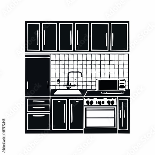 Minimal vector floor plan of a kitchen showing appliances and cabinets.