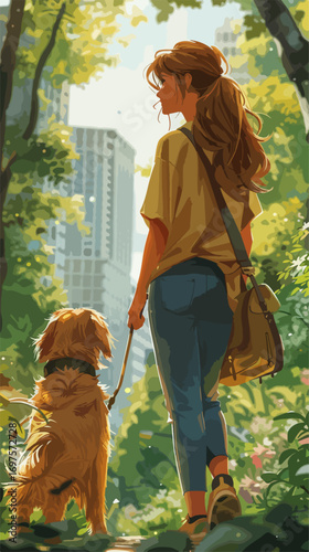Inspiring digital illustration of companionship: a woman and her dog wandering through green parkland at dusk. Use in brand identity, creative posters, educational media, web designs that spark calm