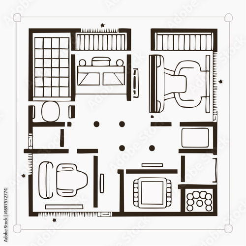 Black vector bathroom plan showing fixtures and layout.