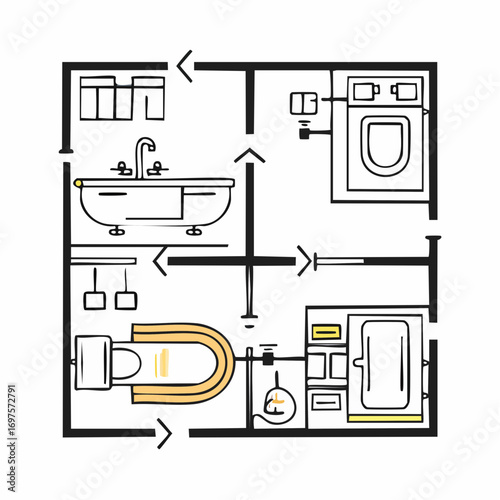 Black vector bathroom plan showing fixtures and layout.